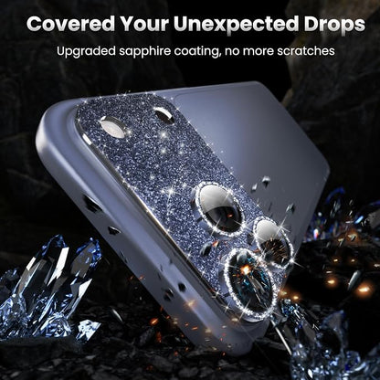 YWXTW for iPhone 17 Pro Camera Lens Protector, [Upgraded Glitter Design] Full Bling Sparkly Diamond Tempered Glass Screen Protector Metal Camera Cover Accessories (Glitter Blue, iPhone 17 Pro)
