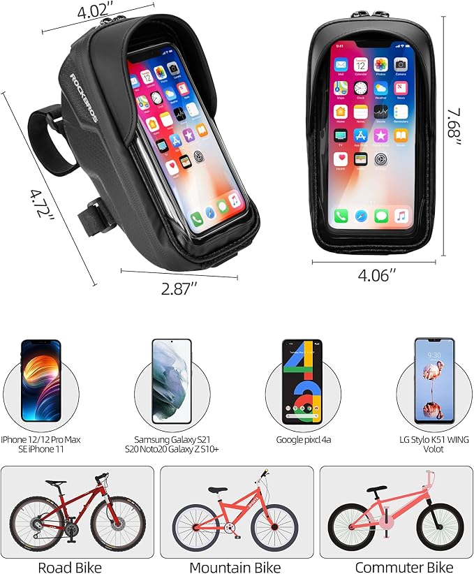 ROCKBROS Bike Phone Mount Bag Bike Front Frame Handlebar Bag Waterproof Bike Phone Holder Case Bicycle Accessories Pouch Sensitive Touch Screen Compatible with iPhone Below 6.5"
