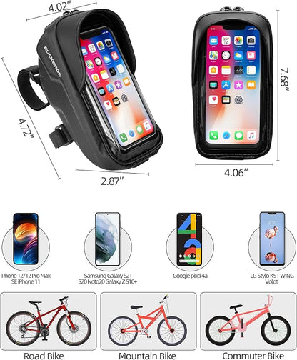ROCKBROS Bike Phone Mount Bag Bike Front Frame Handlebar Bag Waterproof Bike Phone Holder Case Bicycle Accessories Pouch Sensitive Touch Screen Compatible with iPhone Below 6.5"