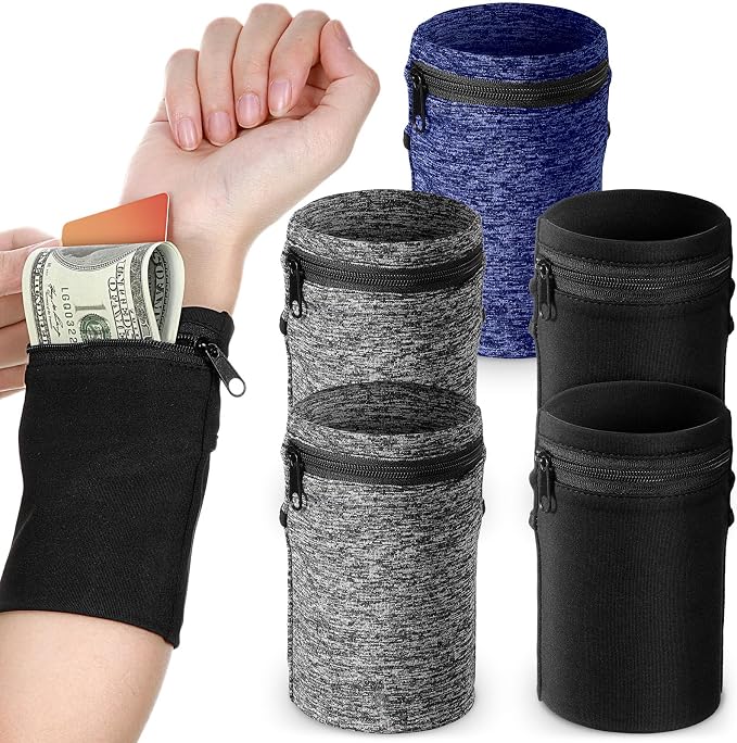 Honoson 5 Pcs Wrist Wallet for Women Men, Wristband with Zipper Wrist Pouch Purse for Run Spandex Wristbands Sweatband Wallet for Run Walk Hike Jog Travel Events Keys Cash Napkin