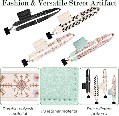 4P Clip and Go Strap for Phone with Wallet Crossbody, Stylish and Versatile Phone Strap with Zippered Pouch with Patterned Suspenders for Protecting Money & Cards
