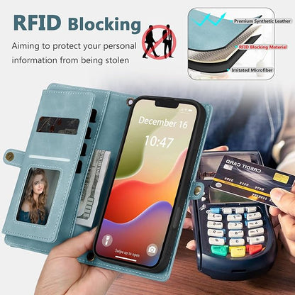 Wallet Case for iPhone 14 Plus with Card Holder/Crossbody Wallet/Strap| RFID Blocking | Magnetic | Kickstand | Detachable | PU Leather Phone Case for iPhone 14 Plus,6.7 in,Blue