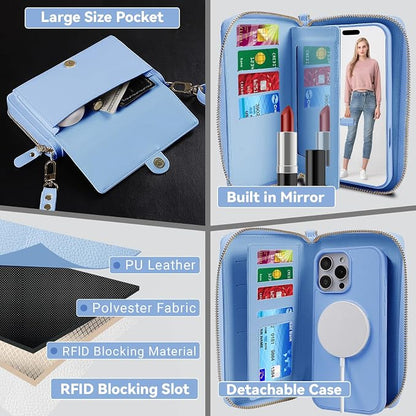 Lacass for iPhone 16 Pro Max Detachable Crossbody Wallet Case, Compatible with MagSafe Magnetic 2 in 1 RFID Blocking PU Leather Wallet Cover Card Holder Zipper Make Up Mirror (Blue)
