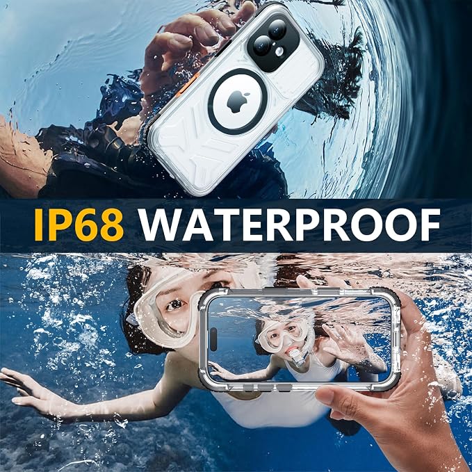 Red2Fire for iPhone 16 Case Waterproof, [Built-in Screen Protector & Camera Protector][Compatible with MagSafe][Full Body Shockproof][IP68 Waterproof][Dustproof] Phone Case 6.1" Black