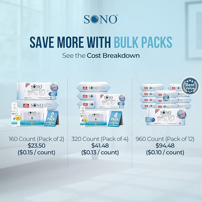 SONO Disinfecting Wipes - 160 Count (Pack of 2) + Sanitizer, Medical-Grade, Alcohol-Free, No Bleach, Gentle & Effective Multi-Surface Cleaning Solution, Larger Sheets 80 count packs