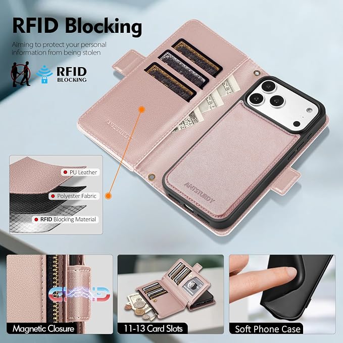 Antsturdy Compatible with Magsafe Magnetic 2 in 1 Detachable iPhone 17 Pro Wallet Case with Credit Card Holder Slots,PU Leather RFID Blocking Phone Cover Wrist Strap Zipper Women Men,Rose Gold