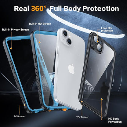for iPhone 15 Plus Case Waterproof - Built-in Privacy Screen Protector & HD Screen Protector [IP68 Underwater] Shockproof Dustproof Full Body Protection iPhone 15 Plus Phone Case Blue