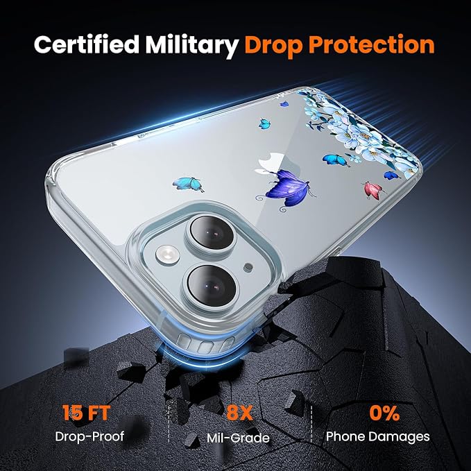 3 in 1 for iPhone 15 Plus Case Clear Printed Design | Yellowing-Resistant Acrylic Back, Screen Protector *1 & Camera Lens Protector*1, Military-Grade Protection