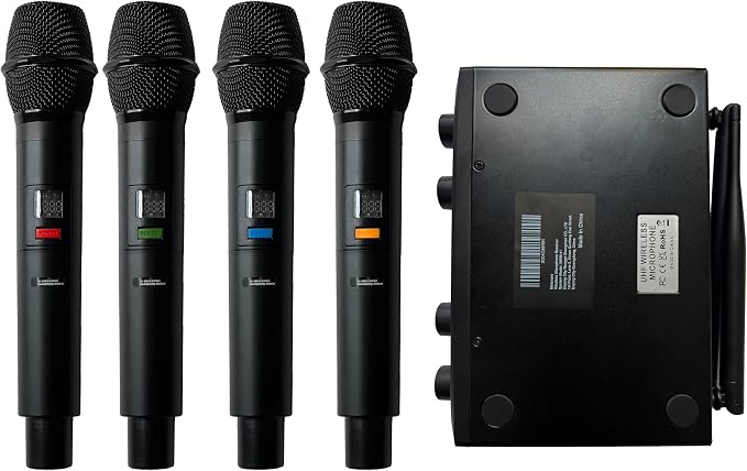 4-Channel Wireless Microphone System, UHF Compact Cordless Mic Set w/ 4x10 Frequencies, 200ft Range, Dynamic Handheld Microphone for Singing, Karaoke, Church, DJ, Wedding (MWM-41-4H)
