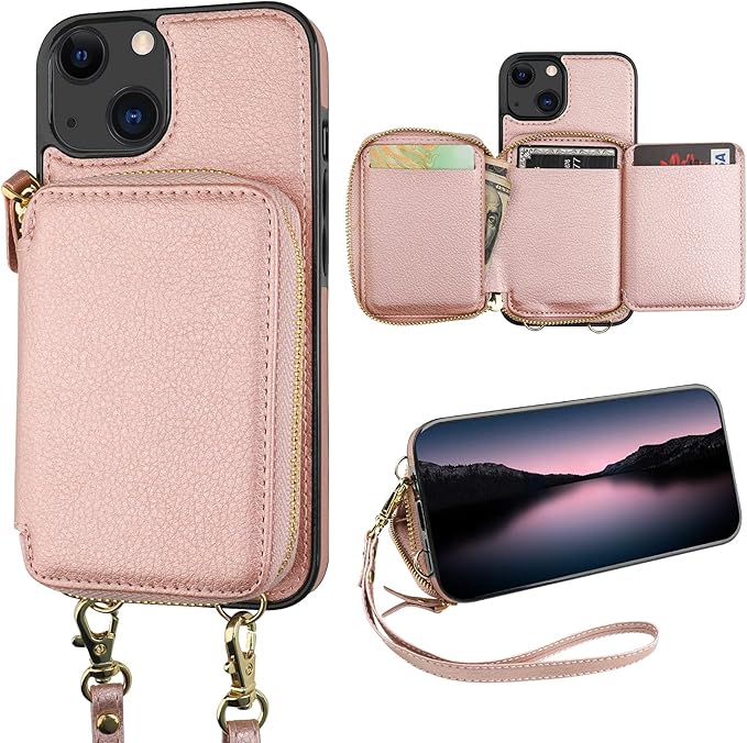 Bocasal RFID Blocking Wallet Case for iPhone 14 iPhone 13, Adjustable Crossbody Zipper Purse Case Card Holder with Kickstand Detachable Wrist Strap, PU Leather Flip Folio Case 6.1 Inch 5G (Rose Gold)