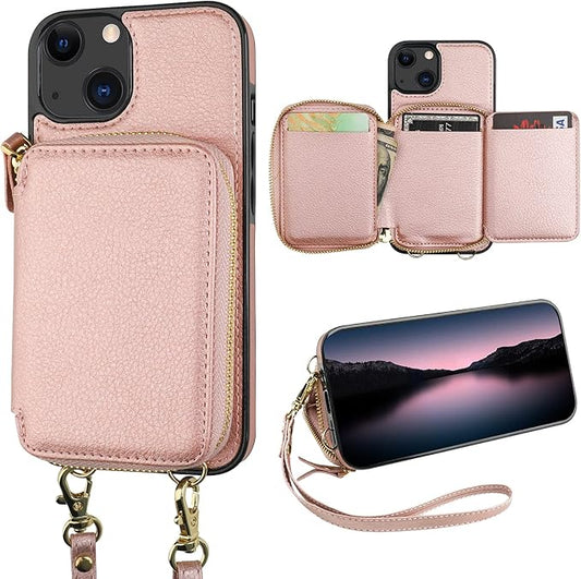 Bocasal RFID Blocking Wallet Case for iPhone 14 iPhone 13, Adjustable Crossbody Zipper Purse Case Card Holder with Kickstand Detachable Wrist Strap, PU Leather Flip Folio Case 6.1 Inch 5G (Rose Gold)