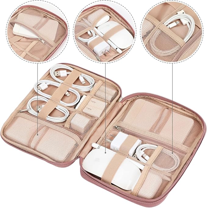 NISHEL Travel Cord Organizer, Electronic Cable Accessories Storage Bag | Bag for chargers, cables, phones, hard drives, USB devices and SD cards, ideal for travel and daily use, Rosewood-Pink