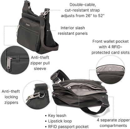 Baggallini Securtex Anti-theft Crossover Crossbody Bag 11”w X 8.5”h, Rfid, Built-in Wallet, Locking Zippers