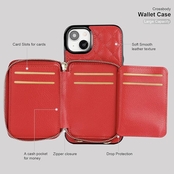 Bocasal Crossbody Wallet Case for iPhone 15 Plus, RFID Blocking PU Leather Zipper Handbag Purse Flip Cover, Kickstand Folio Case with Card Slots Holder Wrist Strap Lanyard 5G 6.7 Inch (Red)