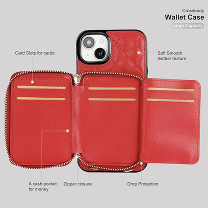 Bocasal Crossbody Wallet Case for iPhone 15 Plus, RFID Blocking PU Leather Zipper Handbag Purse Flip Cover, Kickstand Folio Case with Card Slots Holder Wrist Strap Lanyard 5G 6.7 Inch (Red)