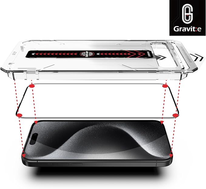 Gravit:e Screen Protector for iPhone, 9H Tempered Glass, Smart Installation Tool, Automatic Fine Dust Removal and Camera Protector 2 Pack (iPhone 15Pro)