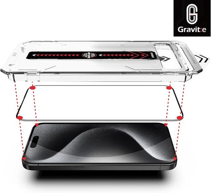 Gravit:e Screen Protector for iPhone, 9H Tempered Glass, Smart Installation Tool, Automatic Fine Dust Removal and Camera Protector 2 Pack (iPhone 15Pro)