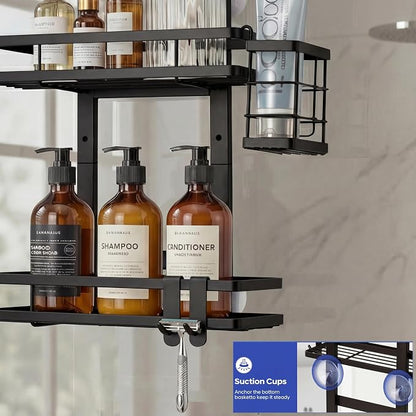 Over the Door Shower Caddy Hanging, Rustproof Shower Shelves with Waterproof Phone Pouch, 2-Tier Adjustable Bathroom Organizers and Storage, No Drilling Shower Shelf, Black Shampoo Soap Holder
