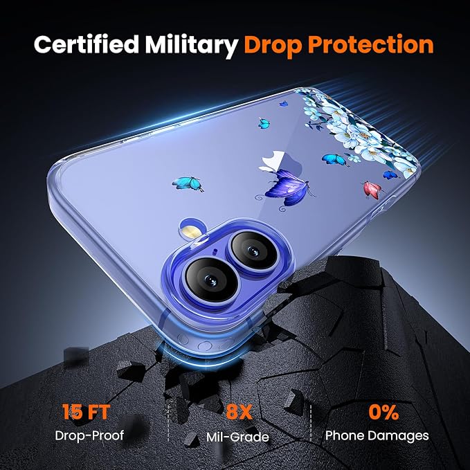 3 in 1 for iPhone 16 Case Clear, Screen Protector *1 & Camera Lens Protector*1, Print Shockproof for iPhone 16 Phone Case 6.1 inch Floral