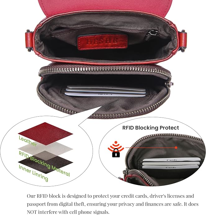 HESHE Leather Small Crossbody Bags for Women RFID Blocking Cell Phone Purse Anti-Theft Travel Bag with wide Straps