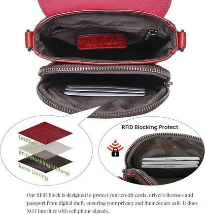 HESHE Leather Small Crossbody Bags for Women RFID Blocking Cell Phone Purse Anti-Theft Travel Bag with wide Straps