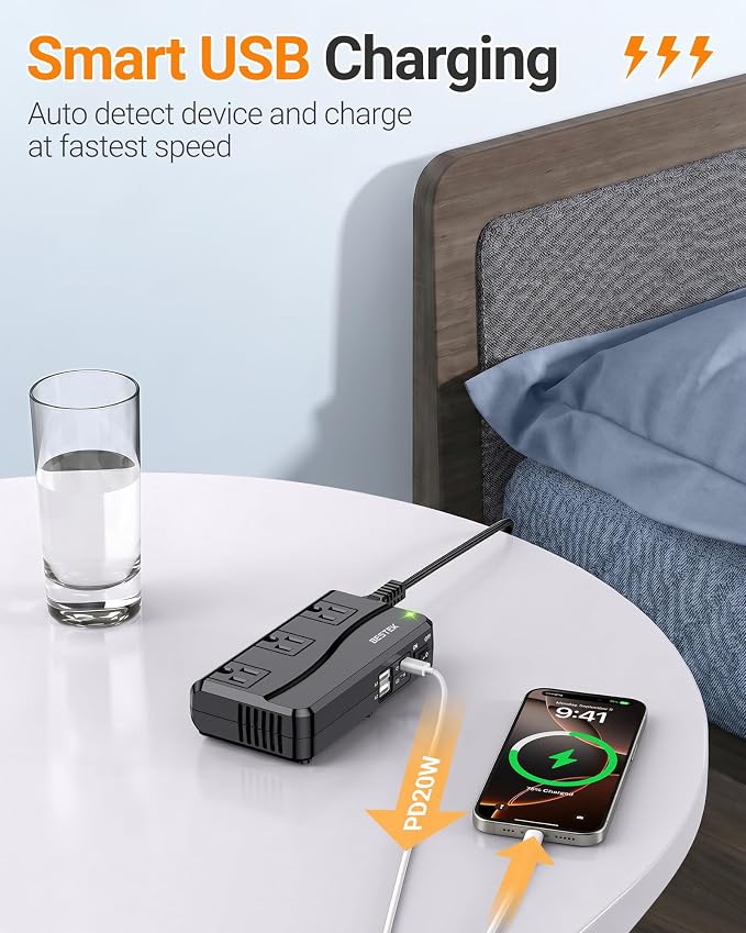 BESTEK Universal Travel Adapter 220V to 110V Voltage Converter, 300W Step Down Power Converter with 4 USB Ports(PD20W) & 3 AC Outlets and EU/UK/AU/US/India Worldwide Plug Adapter