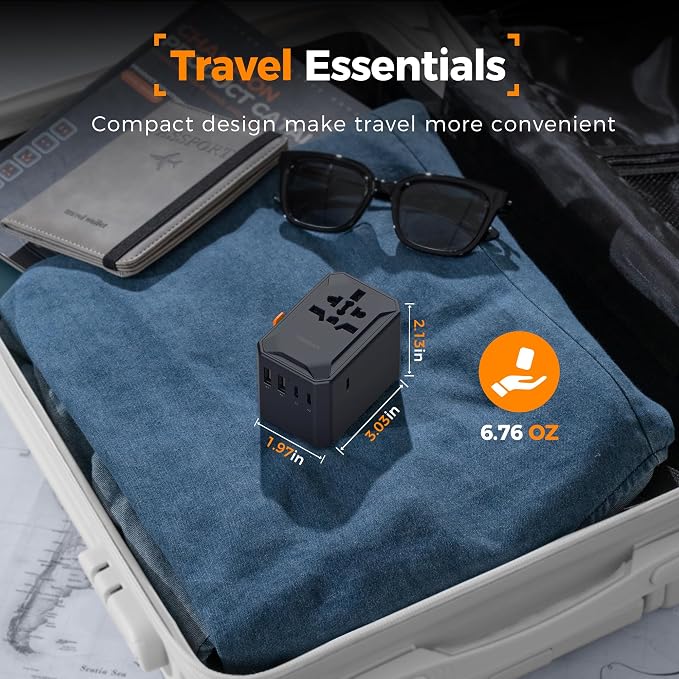 TESSAN Universal Travel Adapter, GaN 65W, Black | International Power Adapter, 5 USB Ports (3 USB C), Worldwide Plug Adaptor
