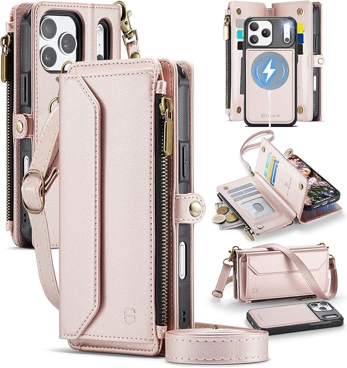 Strapurs for iPhone 17 Pro Max Detachable Wallet Case Compatible with Magsafe, RFID Blocking 9-Card Holder Zipper Strap Lanyard PU Leather Magnetic Phone Case for iPhone 17 Pro Max 6.9", Rose Gold