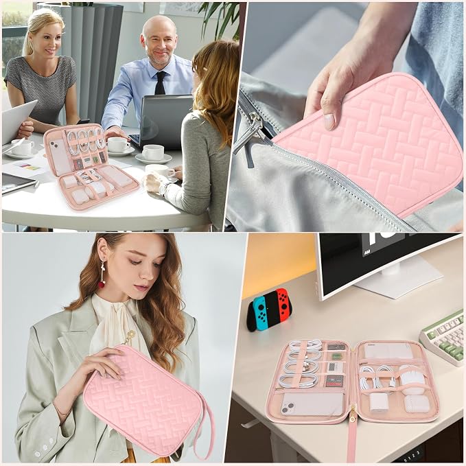 Electronics Organizer Travel Case, Charger Bag Cord Organizer Travel, Compact Tech Pouch Cable Organizer Bag for Charger, Cords, Phone, Headphones, Flash Drive, SD Card (Pink, Large-Single Layer)