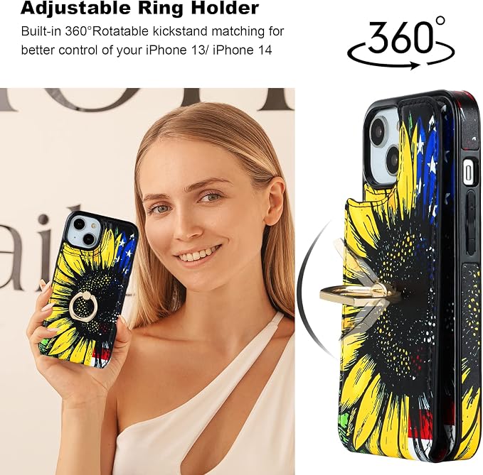 HAOPINSH for iPhone 13/ iPhone 14 Wallet Case with Card Holder, 360°Rotation Ring Kickstand, American Flag Sunflowers Pattern, RFID Blocking Leather for Girls Women, Double Buttons Flip Cover 6.1"