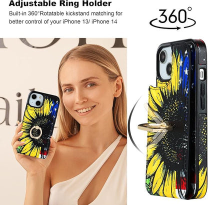 HAOPINSH for iPhone 13/ iPhone 14 Wallet Case with Card Holder, 360°Rotation Ring Kickstand, American Flag Sunflowers Pattern, RFID Blocking Leather for Girls Women, Double Buttons Flip Cover 6.1"