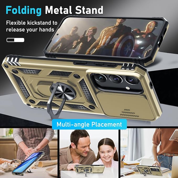 Janmitta Compatible with Samsung Galaxy S25 Plus/S24 Plus Case Built in Slide Camera Lens Cover+Screen Protector+Finger Ring Holder Kickstand,Heavy Duty Shockproof Full Body Phone Cover,Gold