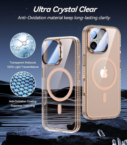 [Upgraded Full Camera Protection] for iPhone 17 Case with Camera Cover Stand [Fit for MagSafe][10FT Mil-Grade Protection] Transparent Magnetic iPhone 17 Phone Case, Clear Gold