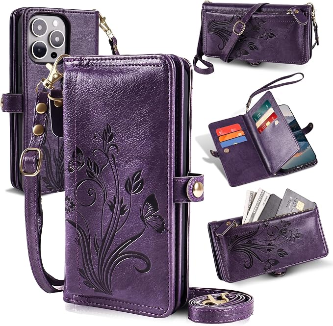 Lacass for iPhone 16 Pro Case Wallet,[Cards Theft Scan Protection] Card Holder Zipper Leather Flip Cover Crossbody Wrist Strap with Stand (Floral Dark Purple)