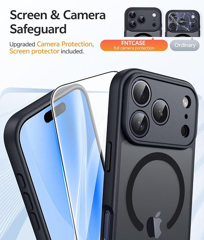 FNTCASE for iPhone 17 Pro Max Case: [Compatible with Magsafe] Translucent Matte Cases with [Full Camera Protection] [Screen Protector] Military Grade Shockproof Protective Phone Cover - Black