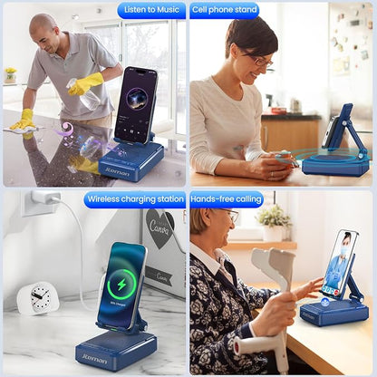 Jteman Gifts for Men Women - Bluetooth Speaker with Cell Phone Stand and Wireless Charger,Wireless Charging Stand Phone Holder for Desk Birthday Gift Idea for Dad Mom (Blue)