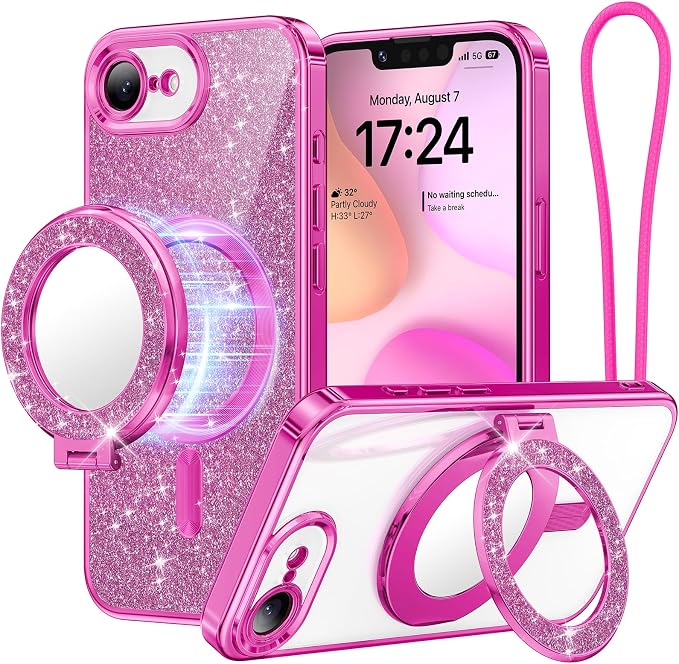 Meifgino Magnetic Case with Removable Phone Ring Stand for iPhone 16E 6.1’’, [Glitter Card & Wrist Strap] [MagSafe Compatible] [Built in Mirror] Phone Ring Stand + Phone Case Kit, Hot Pink