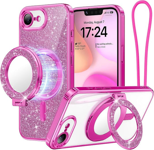Meifgino Magnetic Case with Removable Phone Ring Stand for iPhone 16E 6.1’’, [Glitter Card & Wrist Strap] [MagSafe Compatible] [Built in Mirror] Phone Ring Stand + Phone Case Kit, Hot Pink