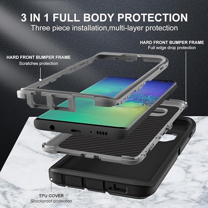 for Samsung Galaxy S10 Plus Case, with 2Pcs [Self Healing Flexible TPU Screen Protector & Camera Lens Protector] Military Grade 3 in 1 Heavy Duty Case for Galaxy S10 Plus (Black/Grey)