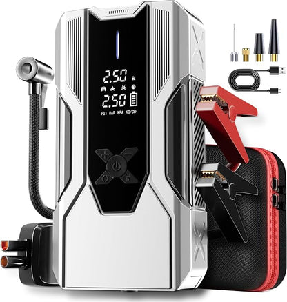 Emergency Portable Jump Starter with Air Compressor - 3000A 150PSI for Cars, Trucks & SUVs up to 9L Gas/7L Diesel, 12000mAh Portable Power Bank, -20°F Cold Start (Silver)