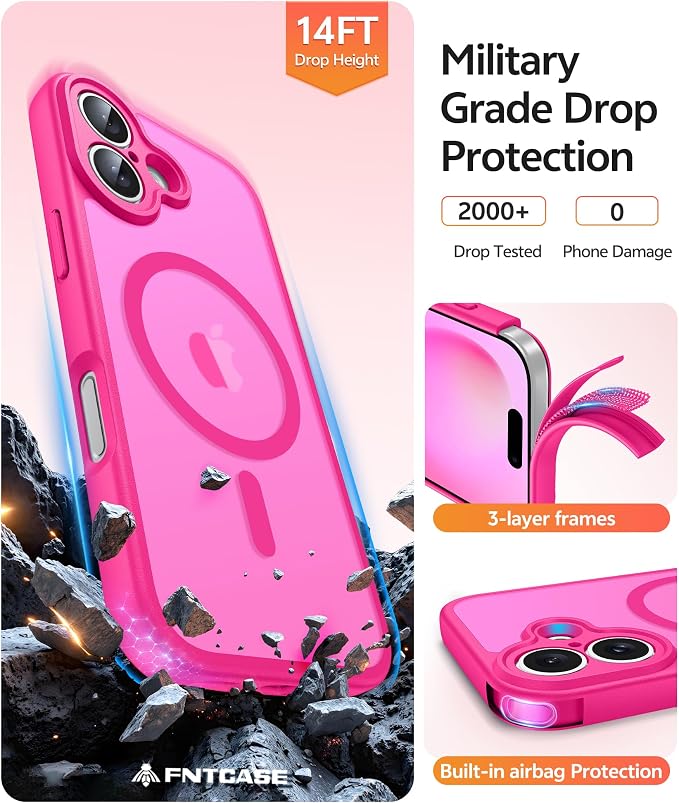 FNTCASE for iPhone 16 Plus Case: [Compatible with Magsafe] Translucent Matte Cases with [Full Camera Protection] [Screen Protector] Military Grade Shockproof Protective Phone Cover - Hot Pink