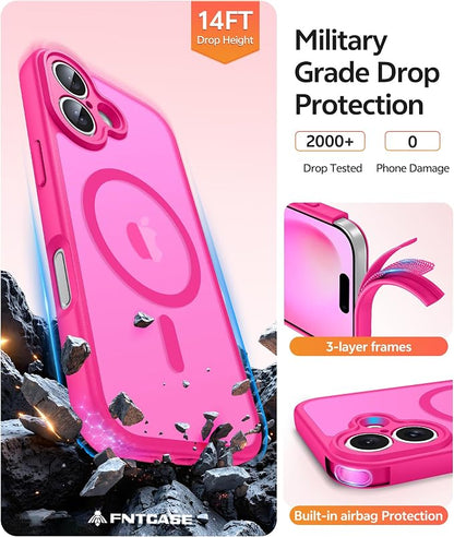 FNTCASE for iPhone 16 Plus Case: [Compatible with Magsafe] Translucent Matte Cases with [Full Camera Protection] [Screen Protector] Military Grade Shockproof Protective Phone Cover - Hot Pink