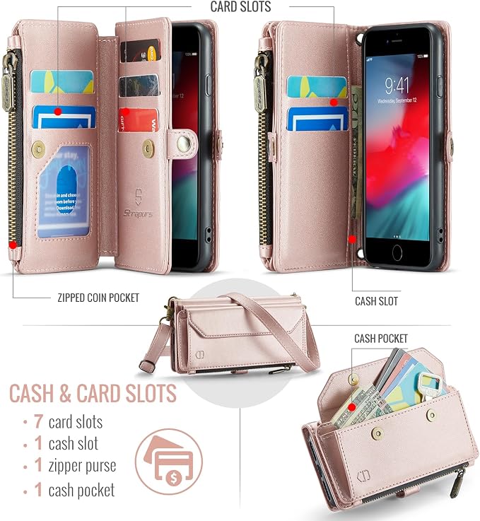 Strapurs Crossbody Wallet Case Compatible with iPhone SE/7/8 RFID Blocking 7-Card Holder Soft PU Leather Magnetic Snap Shoulder Strap Zipper Pocket Phone Cases Fit for iPhone SE 2020 2022 - Rose Gold