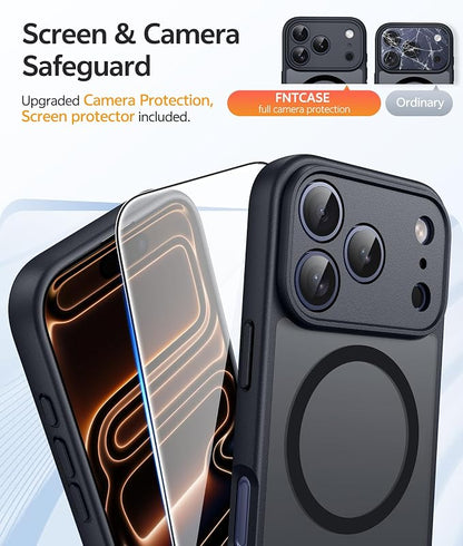 FNTCASE for iPhone 17 Pro Max Case: [Compatible with Magsafe] Translucent Matte Cases with [Full Camera Protection] [Screen Protector] Military Grade Shockproof Protective Phone Cover - Black Circle
