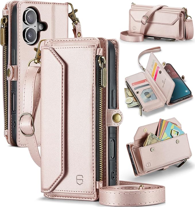 Strapurs Wallet Case Compatible with iPhone 16 6.1" RFID Blocking 7-Card Holder Soft PU Leather Magnetic Snap Shoulder Strap Zipper Pocket Phone Case Fit for iPhone 16 for Women - Rose Gold