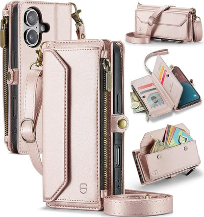 Strapurs Wallet Case Compatible with iPhone 16 6.1" RFID Blocking 7-Card Holder Soft PU Leather Magnetic Snap Shoulder Strap Zipper Pocket Phone Case Fit for iPhone 16 for Women - Rose Gold