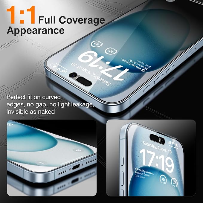 EZ-GLAZ- 4 Pack for iPhone 15 Plus Privacy Screen Protector [6.7"] With 2 Pack Camera Lens Protector, 9H+ Hardness 12FT Military Grade Shatterproof Scratch Resistant Durable Tempered Glass Film with Flawless Fit Kit