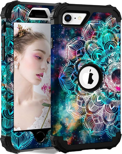 Hocase for iPhone SE 2022/2020 Case, Heavy Duty Shockproof Protection Hard Plastic+Silicone Rubber Hybrid Protective Case for iPhone SE 3rd/2nd Generation (4.7") - Mandala in Galaxy
