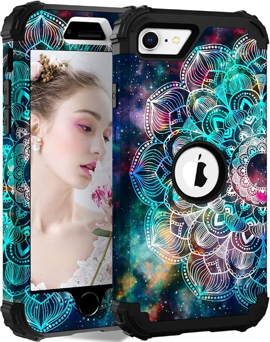 Hocase for iPhone SE 2022/2020 Case, Heavy Duty Shockproof Protection Hard Plastic+Silicone Rubber Hybrid Protective Case for iPhone SE 3rd/2nd Generation (4.7") - Mandala in Galaxy
