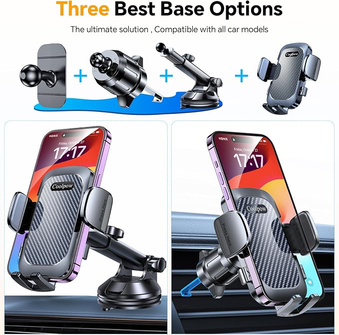 Car Phone Holder Mount【Window + Vent +Dash】Windshield Phone Mount for Car【360°Rotation】Suction Cup Phone Mount for Truck Stand Phone Holder Camera Mount for iPhone Comfortable Natural Video Recording